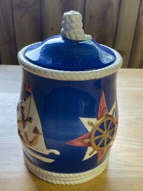 Nautical Ceramic Cookie Jar with Compass and Anchor Motif - Blue & White